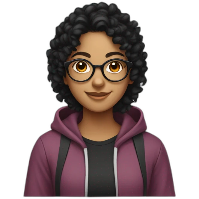 smiling teenage indian girl with glasses with black curly hair wearing a black hoodie with no zipper emoji