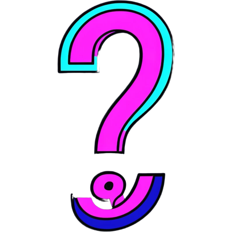 three-dimensional question mark with neon glow effect, blue and purple neon glow on top left, pink neon glow on bottom right emoji