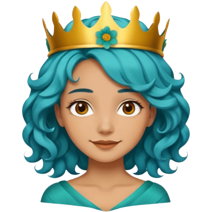 A woman with wavy teal-blue hair styled in loose curls. Her hair is adorned with large golden-yellow flower petals that resemble a crown. She has soft brown eyes, smooth skin, and a small friendly smile on her face. emoji