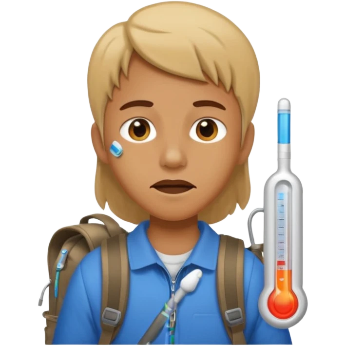 person travelling with backpack and a fever thermometer in there mouth emoji