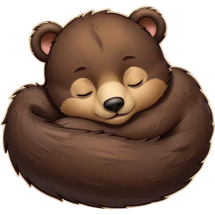 Meme-Worthy Cute Sleeping bear cub Portrait Emoji, Head resting peacefully with a contented smile, showcasing a massive, robust build and a luxuriously soft dark brown fur, eyes shut in a serene, restful nap, Simplified yet hilariously adorable features, highly detailed, glowing with a soft, drowsy light, high shine, relaxed and utterly lovable, stylized with an air of playful laziness, bright and heartwarming, soft glowing outline, capturing the essence of a comically sleepy bear cub, so meme-worthy it feels like it could instantly become the next viral sensation of adorable slumber! emoji