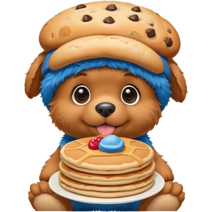 Cute small puppy with a Cookie Monster hat holding a stack of pancake emoji