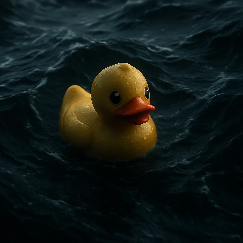 Cinematic still, Extreme Closeup shot of Yellow duck toy on ocean during storm, Camera from top, inspired by interstellar emoji
