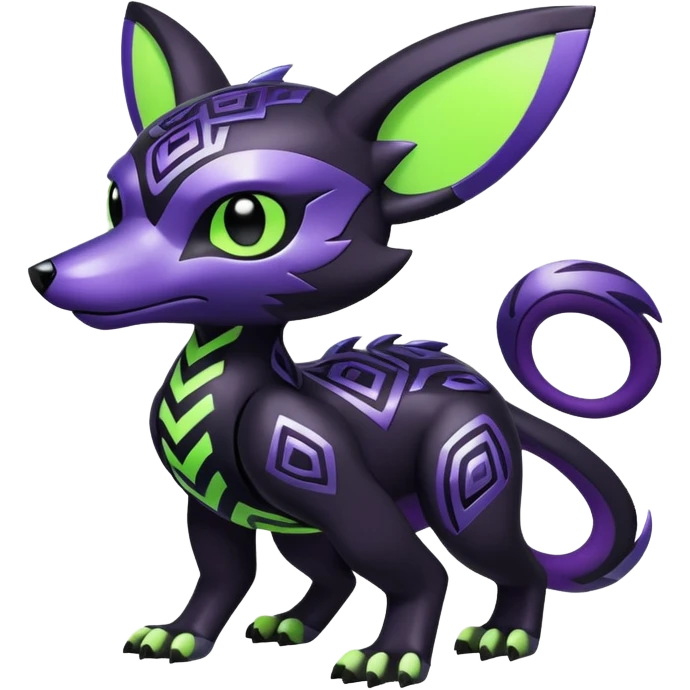Futuristic modern badass cool shiny metallic alloy black-obsidian purple neon-green white lime animal hybrid Fakemon full body with intricate patterns emoji