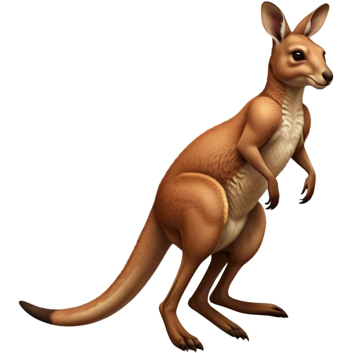 Full-body Australian Kangaroo – Cinematic-realistic Australian kangaroo, jumping with powerful hind legs and a muscular tail for balance. Its reddish-brown fur glows under the golden sunlight, ears perked and eyes alert.  emoji