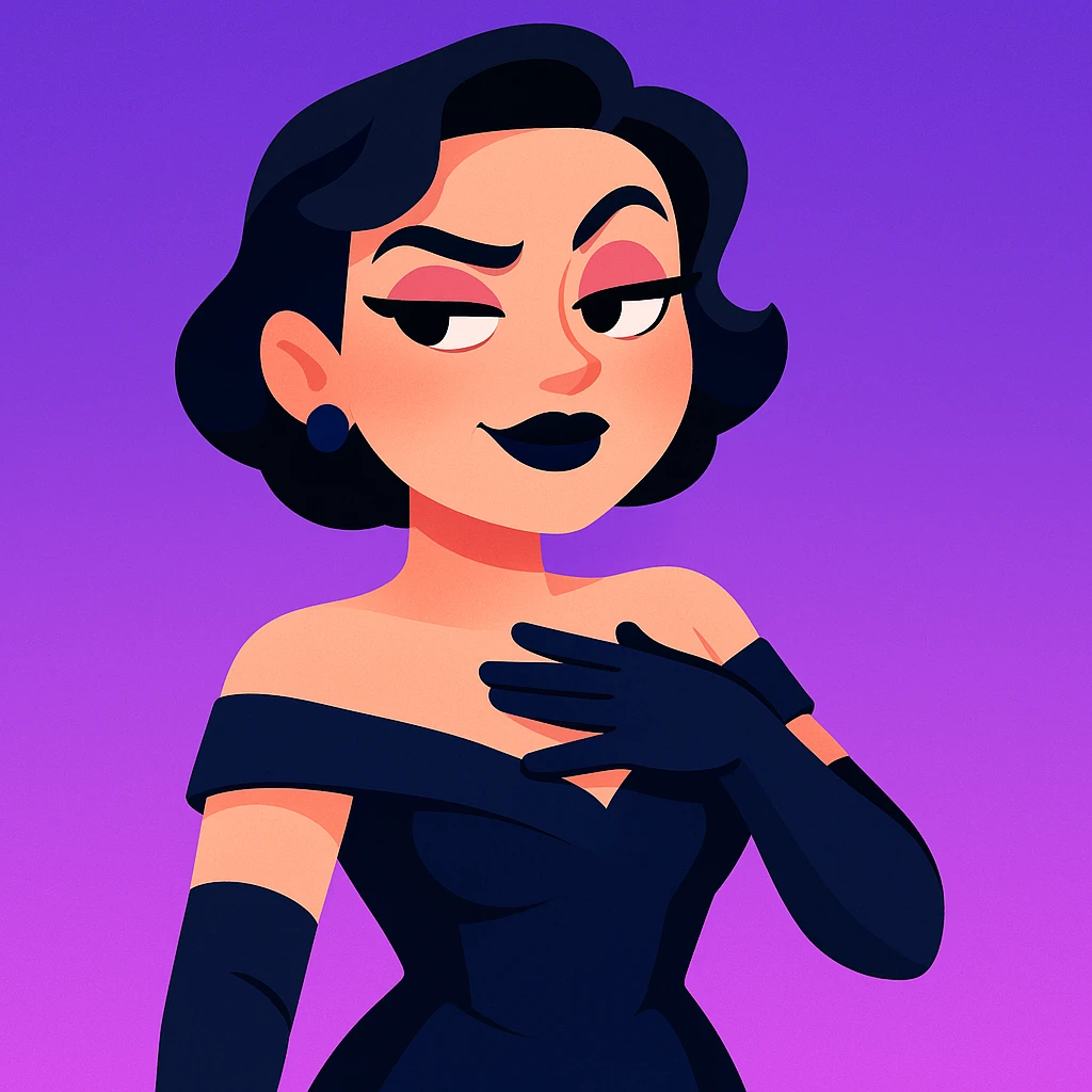 cute animated 3D cartoon character of a glamorous woman with short black hair in elegant curls, wearing a dark navy blue off-shoulder gown and long black gloves, confident slightly smug facial expression with bold dark makeup including black lipstick and sharp eyebrows, hand placed on chest as if in disbelief or sass, bright purple gradient background, mobile game character art style emoji
