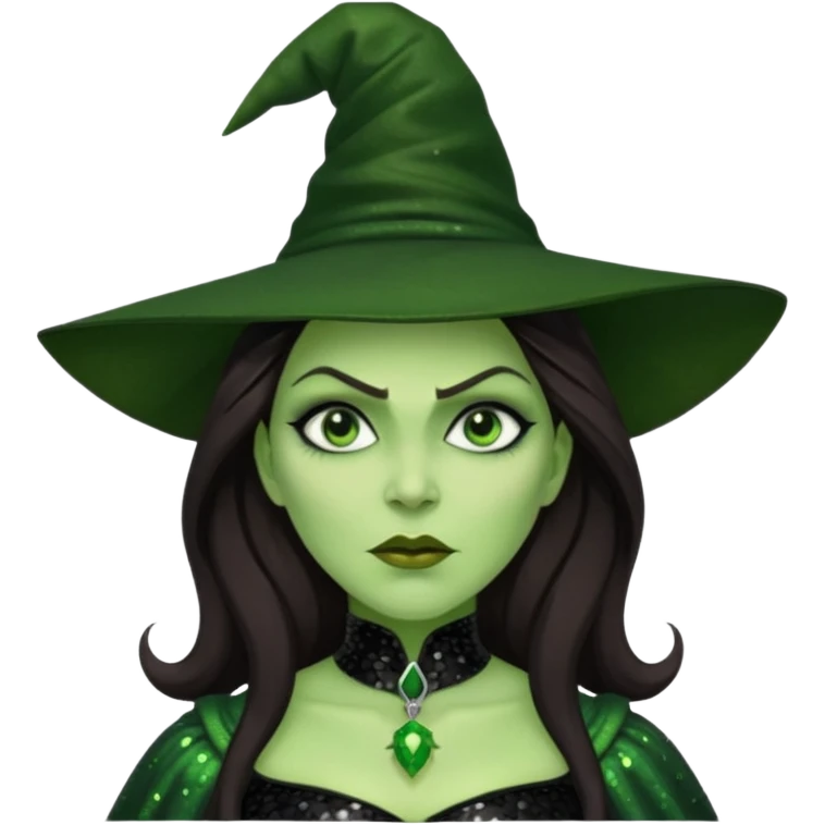 The Wicked Witch from Oz with long dark brown hair, black sequin outfit, green skin emoji