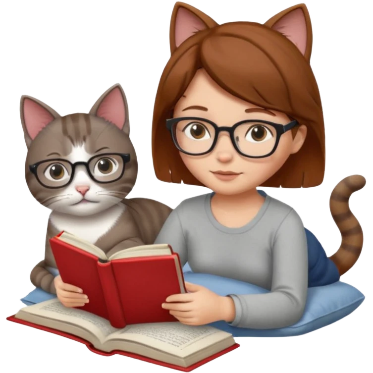 A girl is lying in bed. She has short chestnut hair styled neatly, is wearing glasses, and is reading a book. A grey cat is lying on her legs. The girl has no headband or ears, and the cat is not wearing glasses. emoji