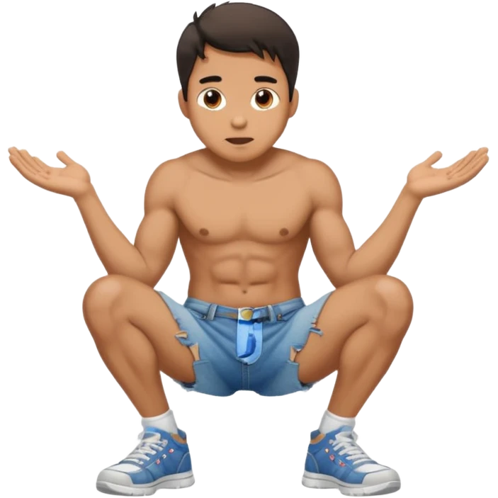 A squatting man legs spread apart and make a penis visible going through a hole in his broken shorts emoji
