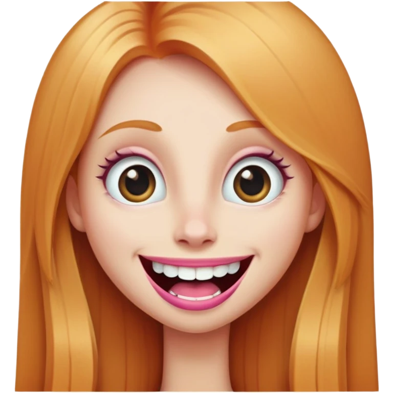young girl with long straight ginger blonde hair, long face, big eyes, big long nose, big pink mouth with large teeth, exaggerated smile emoji
