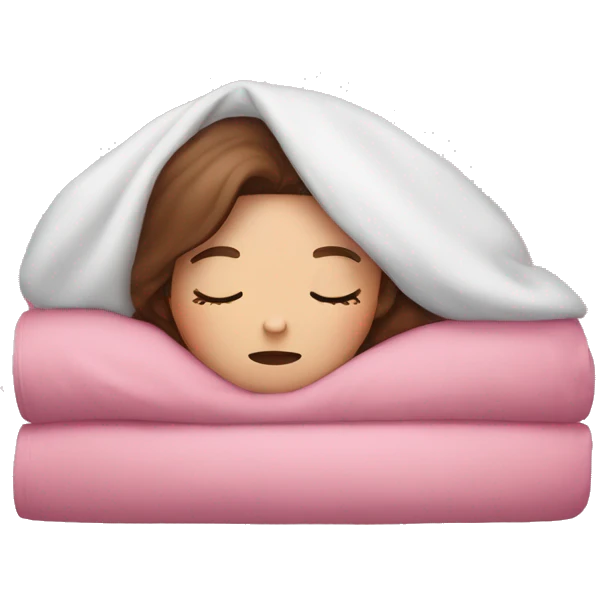 White girl with brown hair sleeping under pink covers emoji