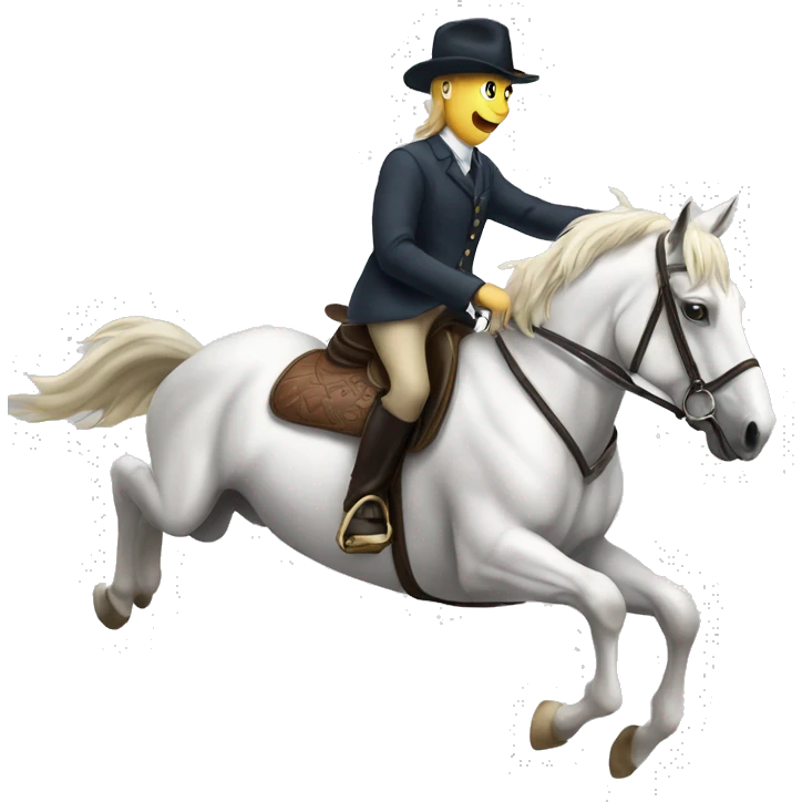 A beautiful horse that’s white with a person riding it well they are jumping high  emoji