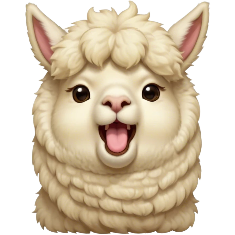Cinematic Cute Yawning Cream Alpaca Portrait Emoji, Head tilted slightly with a dramatic, wide-open yawn, showcasing a soft, fluffy cream fleece with subtly drooping ears, round gentle eyes barely open in drowsy contentment, Simplified yet irresistibly adorable features, highly detailed, glowing with a soft, cozy glow, high shine, relaxed yet expressive, stylized with a touch of whimsy, bright and endearing, soft glowing outline, capturing the essence of a sleepy yet affectionate alpaca, so drowsy it feels like it could stretch out of the screen and curl up for a nap! emoji