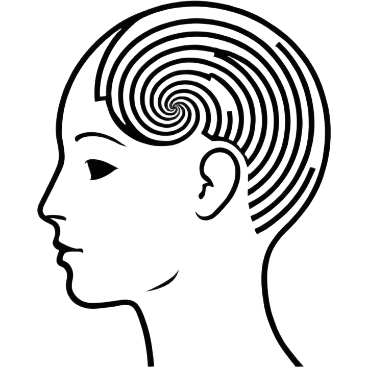 Minimalistic flat vector icon, iOS style, thin black contour on white background. Human head silhouette with spiral inside. Clean, no text, no shadows.
 emoji