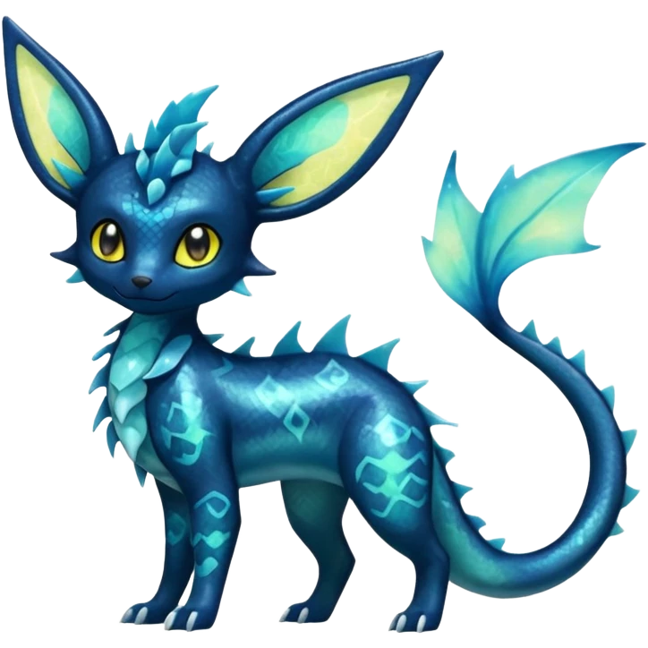 Scaley Opalescent Luminescent Umbreon-Amaura-Vaporeon-Salandit-Fakémon-fusion (full body) emoji