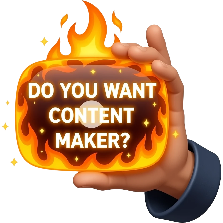 A wizard’s hand holding a glowing and looking at viewer, magical YouTube logo like a fire spell. glowing white text on the bellow: "DO YOU WANT CONTENT MAKER?" High fantasy, mystical particles, clean, sticker style emoji