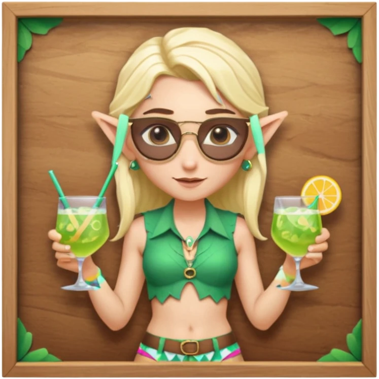 elf female legolas portrait, patterned board shorts (geometric/abstract), unique wooden-framed sunglasses, undercut hairstyle, slight smirk, visible pointy ears, no background, centered emoji, hipster summer vibe coctails emoji