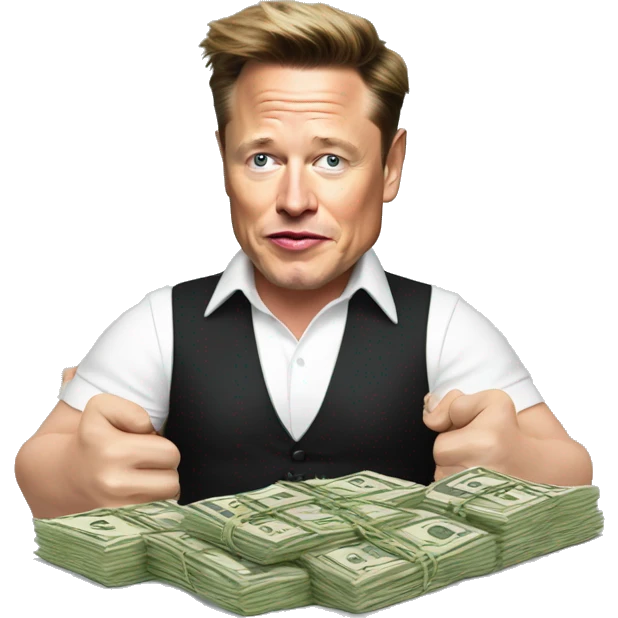 Elon musk with money in his hands with Gordon Ramsay eating stake emoji