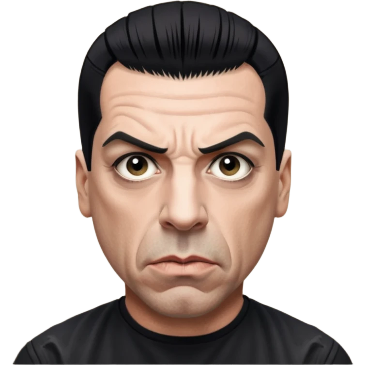 Till Lindemann, lead singer of Rammstein, intense expression, short hair, black shirt emoji