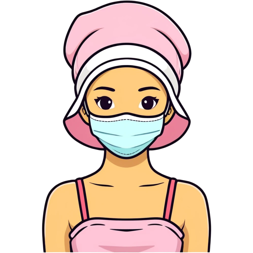 A teen girl wearing a face mask and bonnet with a tube top emoji