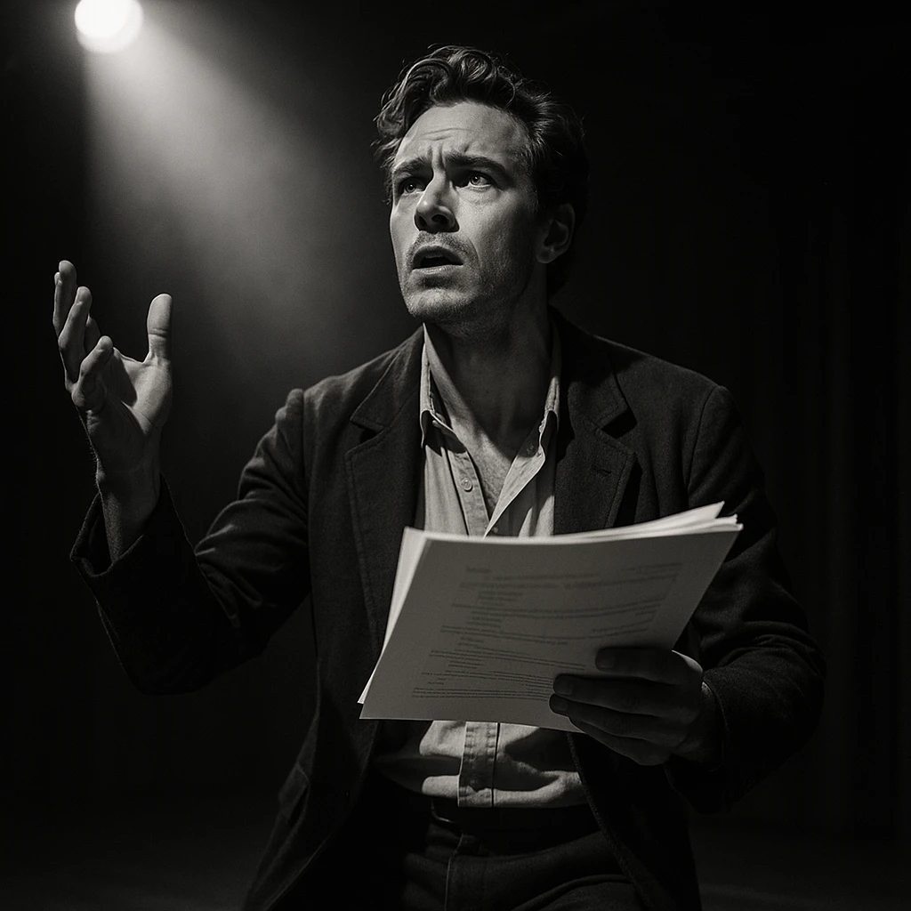 man holding a script, dramatic pose, spotlight, theatrical, stage performance emoji