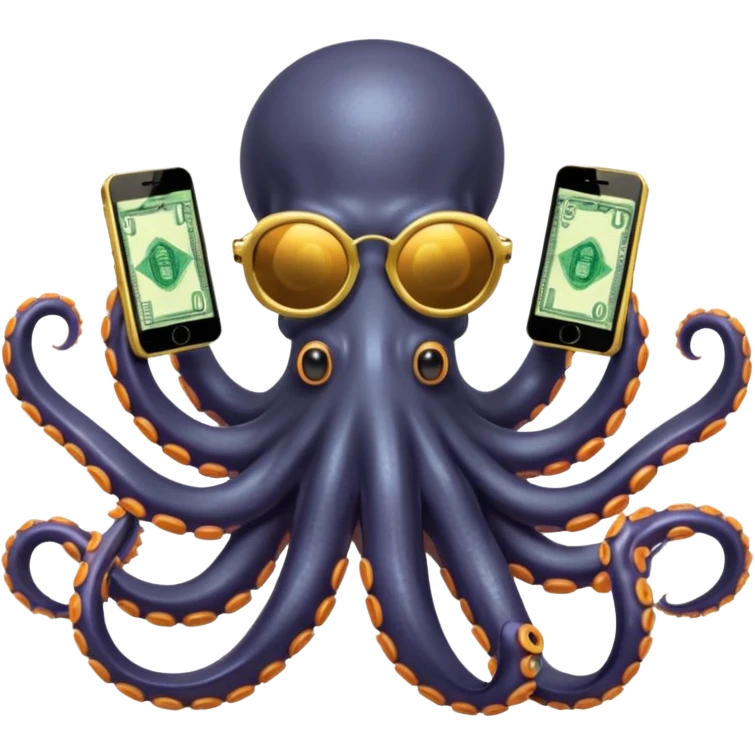 Intimidating octopus with pearl black skin, neon suction cups. Wearing mirrored sunglasses and a gold chain. 3 tentacles are holding their own cellphone, 2 other tentacles are holding stacks of money emoji
