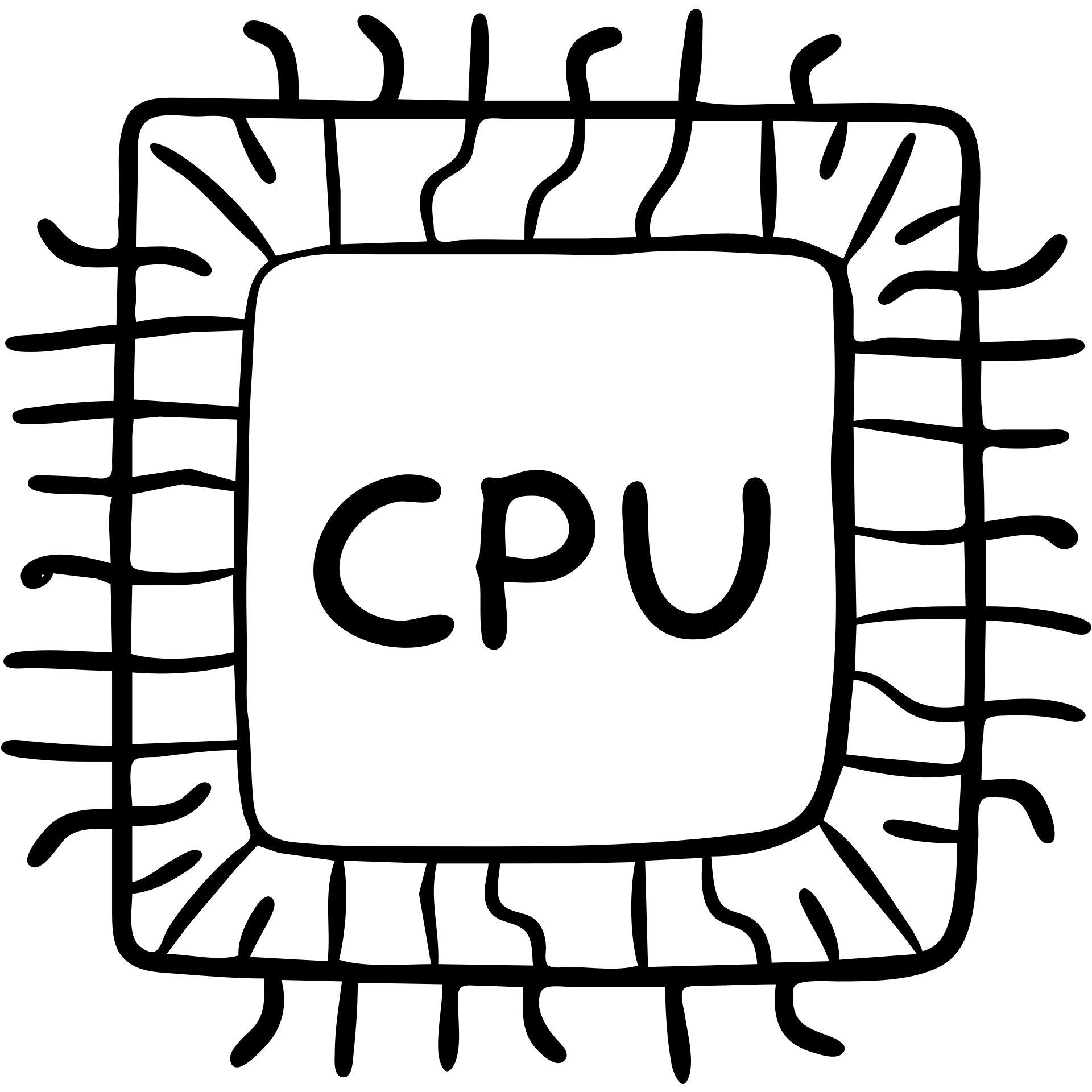 Central Processing Unit (CPU) microchip with simple circuit pattern details. A hand-drawn processor icon with the text 'CPU' emoji