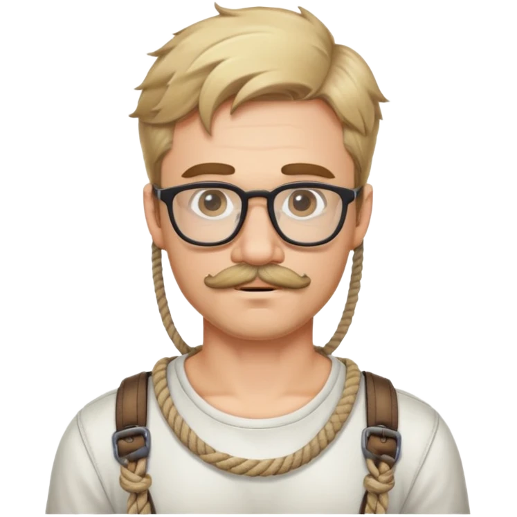 Dirty Blond haired guy with a mustache and some chin hair and glasses in a rope harness  emoji