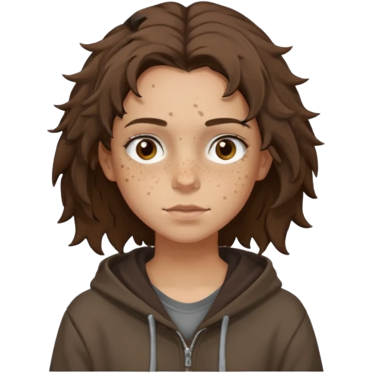 Hobo tomboy with light skin, freckles, dark brown shoulder-length hair in a messy style. Brown eyes, dark brown hoodie, brown shirt. emoji