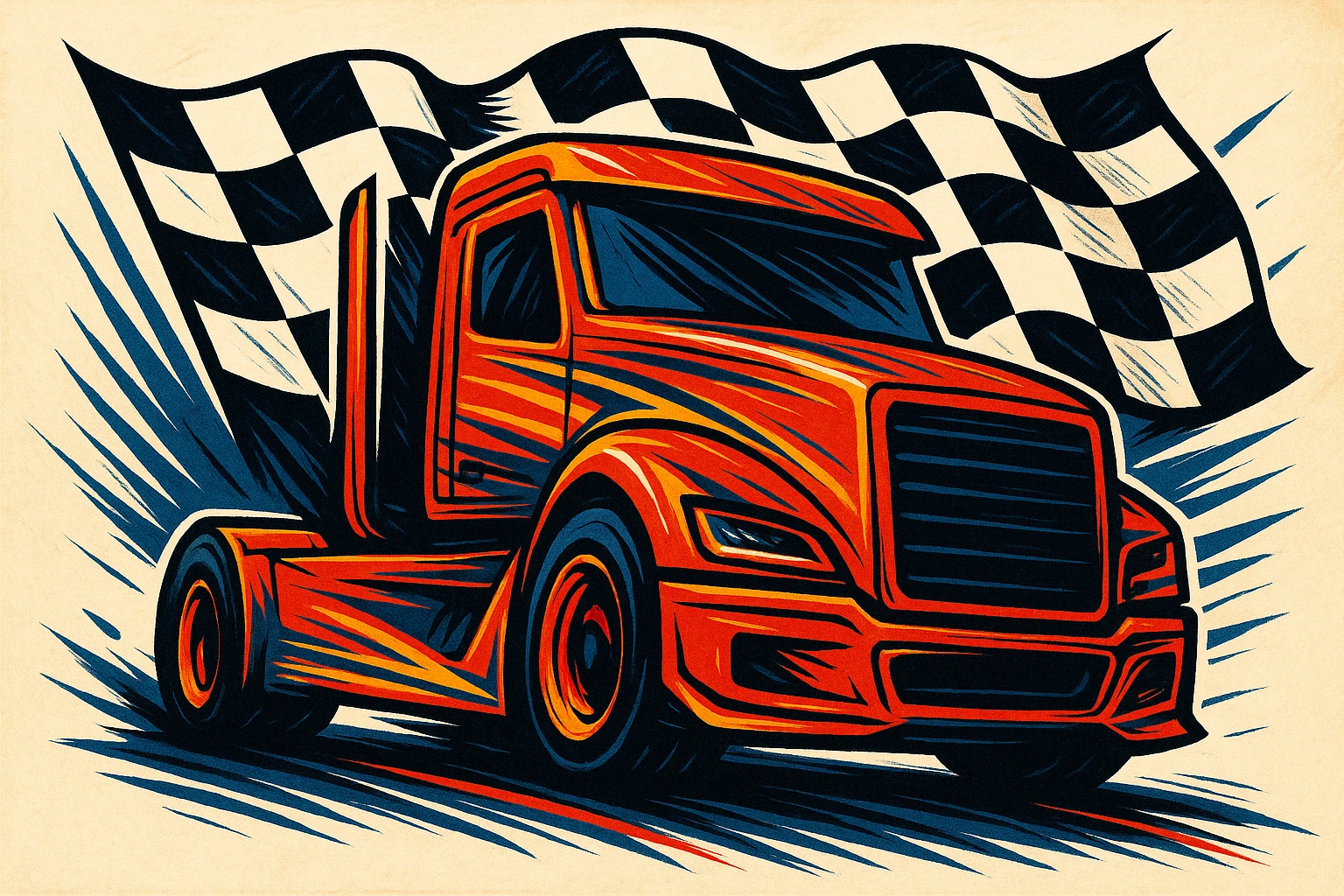 race truck with a checkered flag background, bold and dynamic style emoji