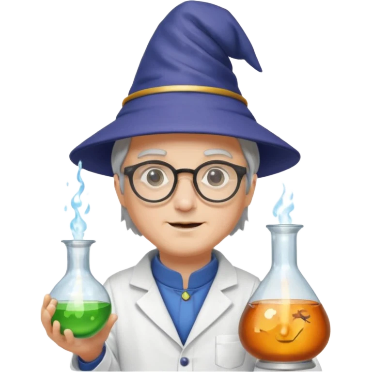 scientist with glasses, wearing wizard hat custome, with glass vase emoji