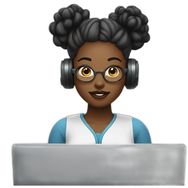 A black woman with space buns behind a computer screen, working in the field of technology emoji