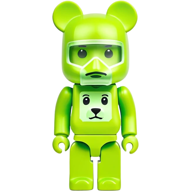 geometric bearbrick figurine with cube-shaped head, lime green balaclava with Supreme box logo on it, expressive eyebrows visible, toy design emoji
