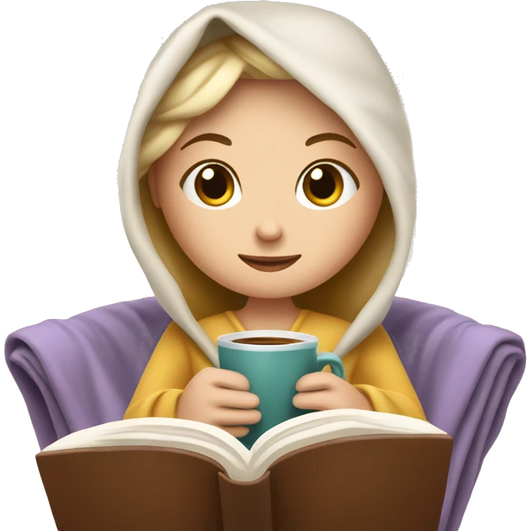White Girl relaxed reading a book under a blanket with coffee in her hands emoji