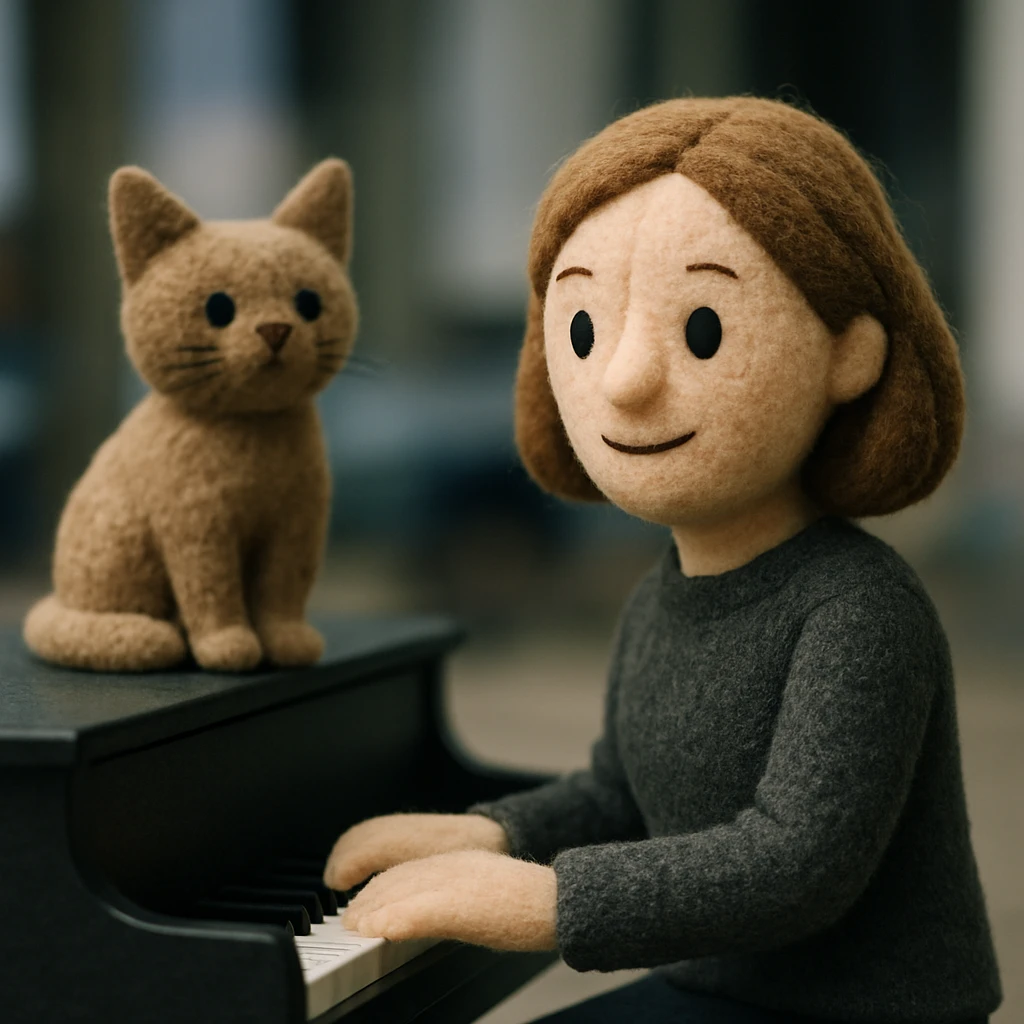 woman playing piano while her cat sits on top of the piano emoji