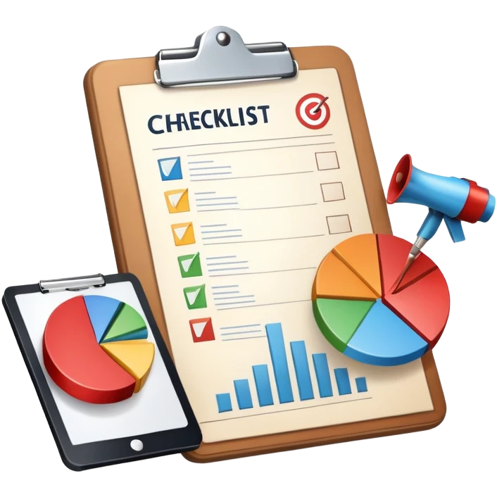 An icon featuring a pie chart, a clipboard with a checklist, and a megaphone, symbolizing management and marketing. The design includes upward-trending graphs and a target with an arrow, representing strategy and success. Transparent background highlights business organization and promotion. emoji