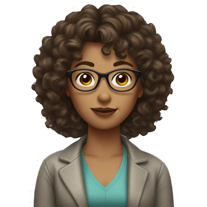 Woman with curly brown hair with bangs and glasses  emoji