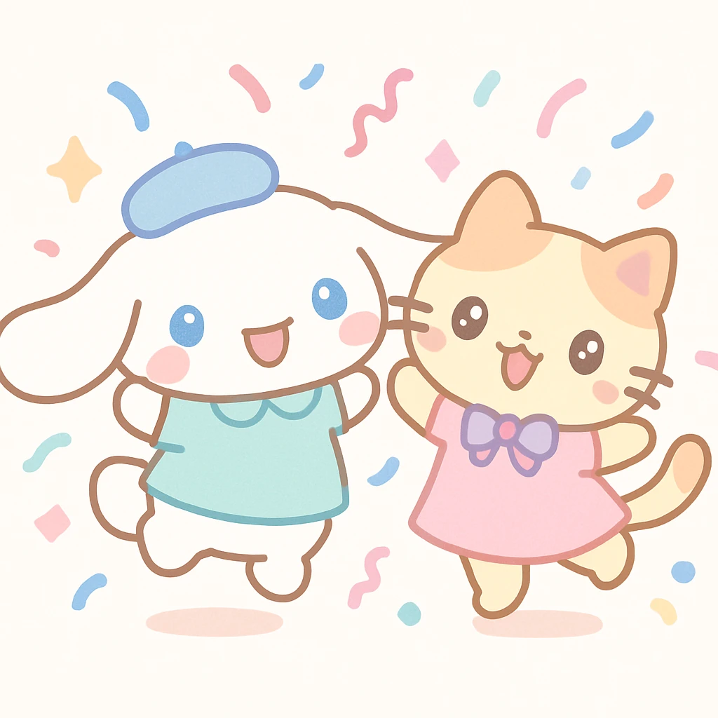 Cinnamoroll and a cat dancing together at a party, kawaii style, confetti, joyful expressions, cute outfits emoji