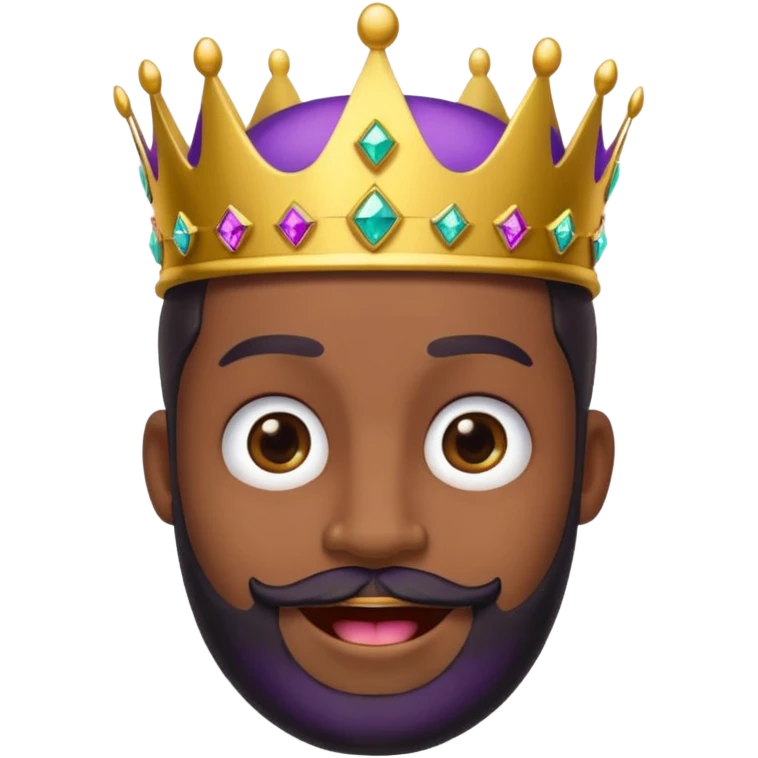 Create a cartoon-style emoji of Baltasar, one of the Three Wise Men. Only show his face and crown. He has a joyful expression, black beard, and a purple and gold crown with jewels. Make it colorful, simple, and suitable as an emoji. emoji