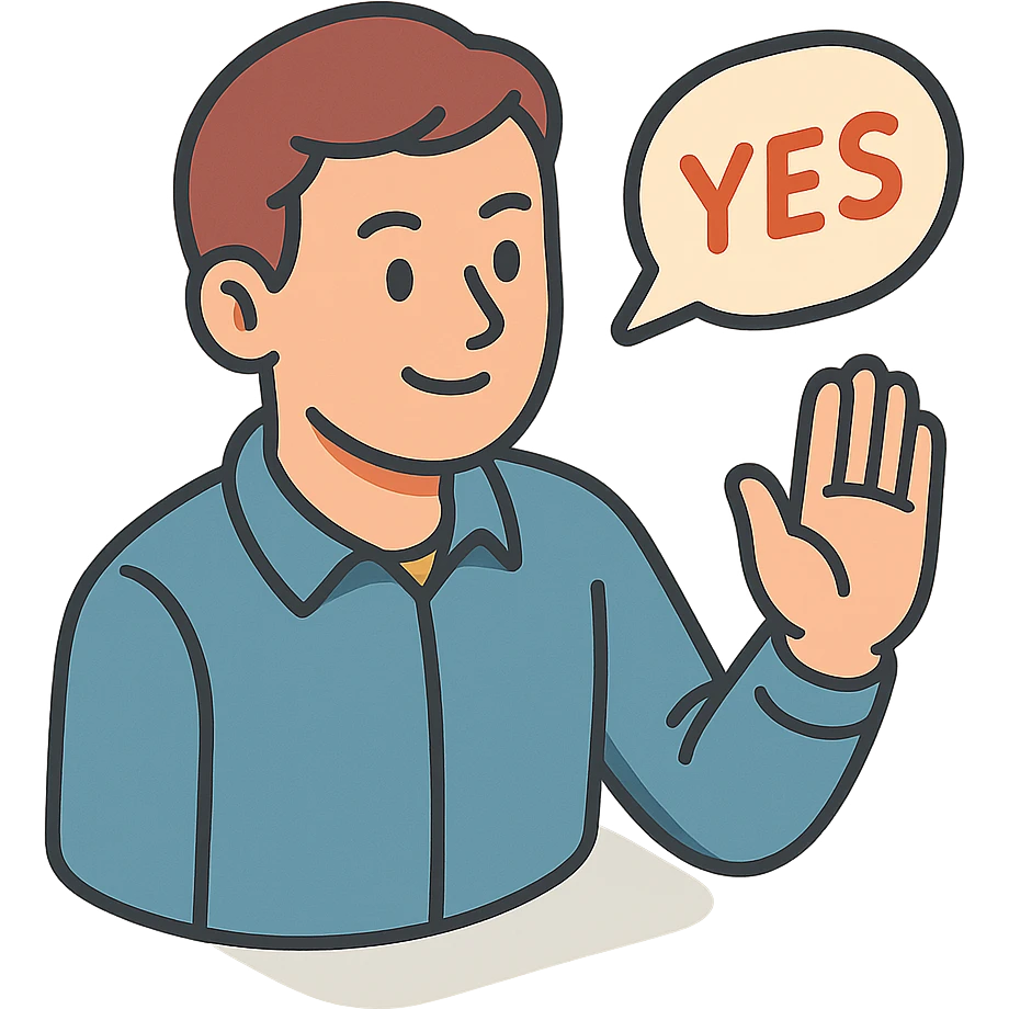 мужчина говорит - yes, и делает жест ладонью в знак согласия emoji