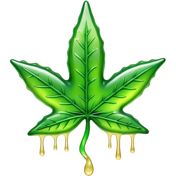 glossy green gusher gummy shaped like a weed leaf with liquid dripping emoji