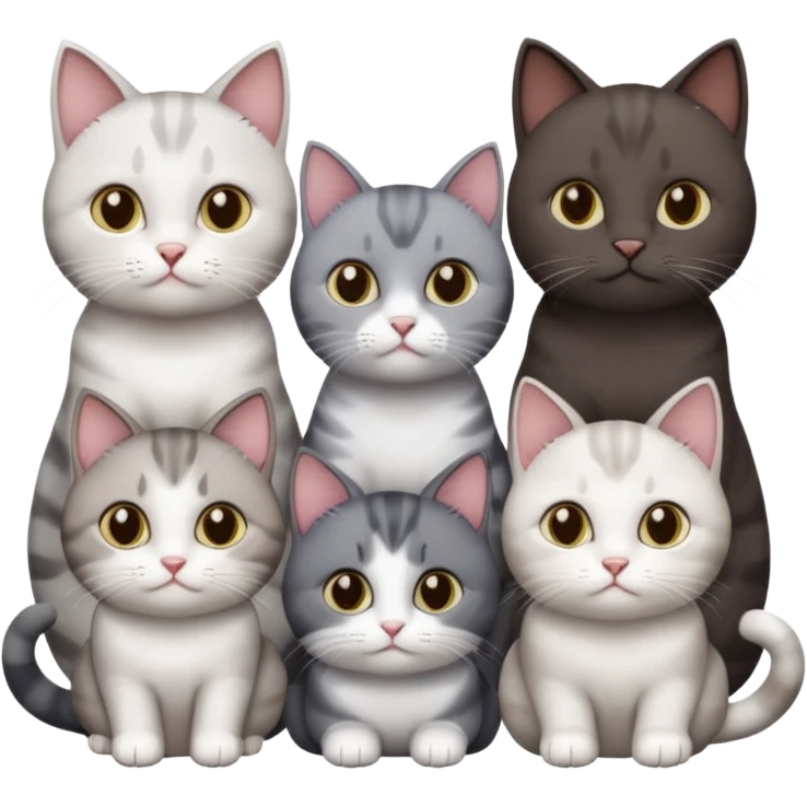 4 different coloured short haired cats including; a dark brown and white cat, and a dark grey and white  emoji