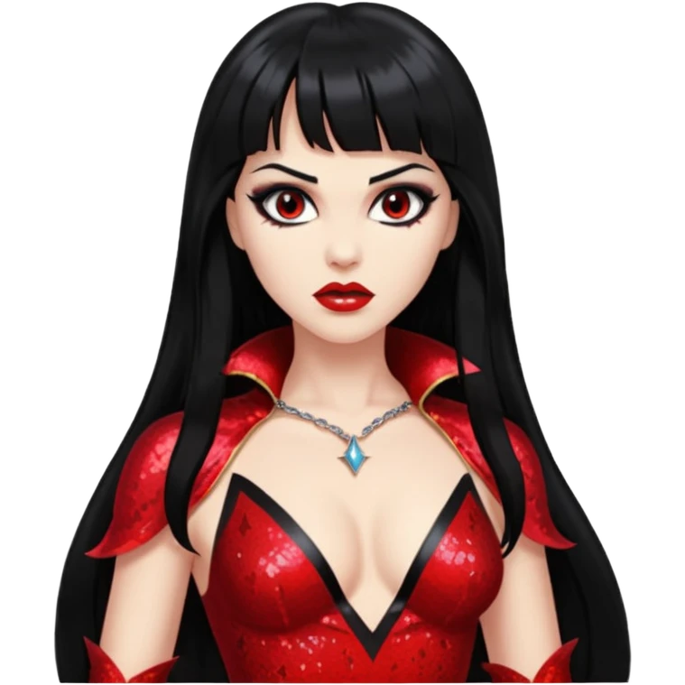 Vampirella with long black hair, red sequin outfit emoji
