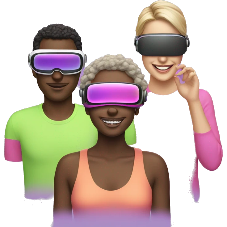 3 people different races, happy, wearing VR headsets pinks, purples, greens neon emoji