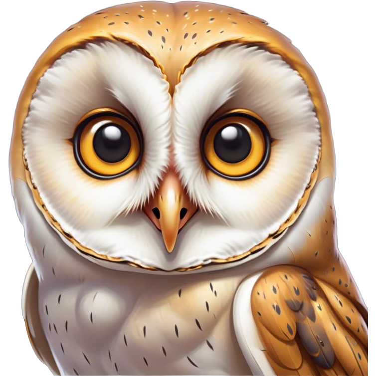 Cinematic Comical Barn Owl Portrait Emoji, Head tilted dramatically with an exaggeratedly amused expression, featuring a striking mottled plumage with bold contrasts, wide, expressive amber eyes filled with playful disbelief, Simplified yet hilariously expressive features, highly detailed, glowing with a slightly sassy glow, high shine, dramatic yet playful, stylized with an air of cheeky nocturnal mischief, bright and endearing, soft glowing outline, capturing the essence of a spirited and over-the-top owl, so meme-worthy it feels like it could hoot its way into internet fame instantly! emoji