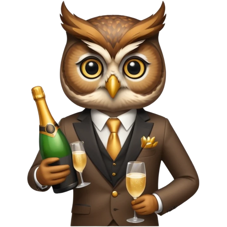 owl wearing suit, holding champagne bottle emoji