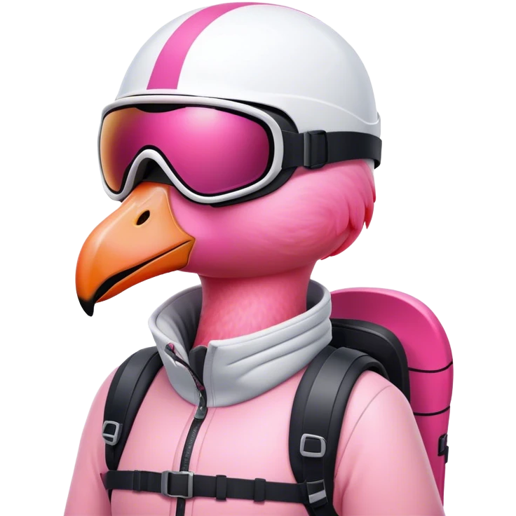 A female Skiing Flamingo with ski helmet on the head , wearing ski goggles , ski and ski boots. With one head and two legs emoji