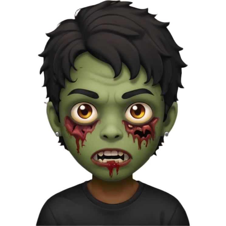 a boy with wavy hair, a zombie-shaped mouth piercing hum, and black hair with a black shirt too, and medium-length, wavy black hair, almost shoulder-length, with a lip piercing. emoji