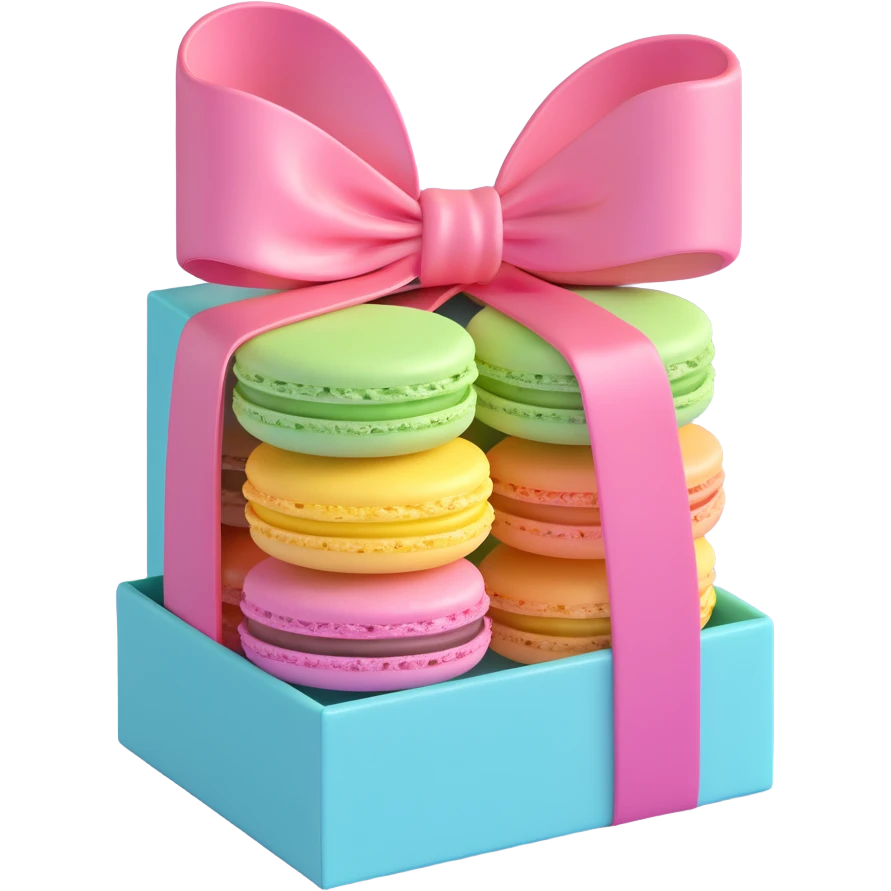 a box of macarons with a bow on top, festive, shiny, pastel colors, cute and gift-like emoji