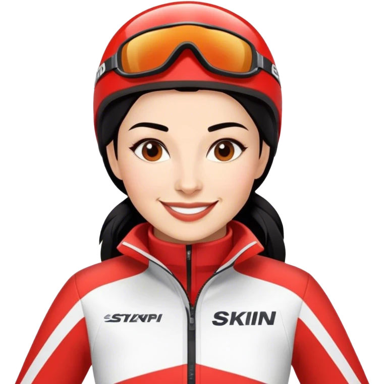 Ski racer woman red white dress with the name Stephanie on the dress black hair smile emoji